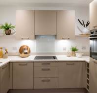 Modern kitchen with beige cabinets, built-in oven, electric cooktop, and white countertops. Plants and kitchenware are placed on the countertops and shelves.