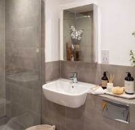 Bathroom with a wall-mounted sink, mirror, shower, and gray tile walls. A soap dispenser, plant, and toiletries are on the counter.