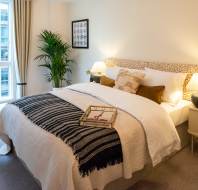 A neatly arranged bedroom with a double bed, patterned headboard, and pillows. A tray is on the bed. Plants, lamps, and a window with city view complete the decor.
