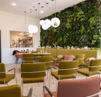 A modern room with green and brown chairs, circular lights, and a plant-covered wall. There's a service window showing a kitchen area in the background.