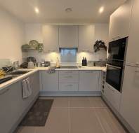 Modern kitchen with grey cabinets, built-in oven, sink with drying rack, countertop appliances, and plants on the shelves. The floor is tiled and lighting is recessed in the ceiling.