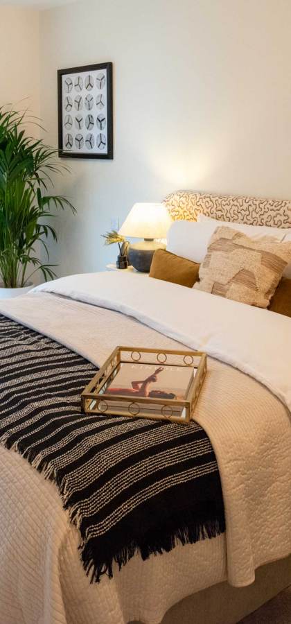 A neatly arranged bedroom with a double bed, patterned headboard, and pillows. A tray is on the bed. Plants, lamps, and a window with city view complete the decor.