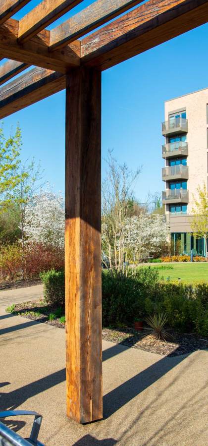 Wooden pergola with wicker chairs overlooks a landscaped garden in front of a modern multi-story apartment building. Clear blue sky in the background.