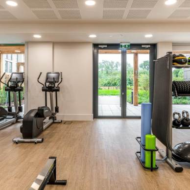 A gym room with exercise equipment, including treadmills, exercise bikes, kettlebells, medicine balls, and stability balls. A glass door provides a view of an outdoor area.