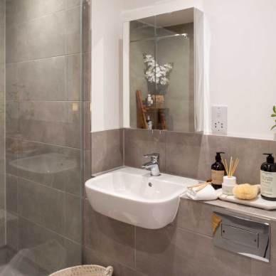 Bathroom with a wall-mounted sink, mirror, shower, and gray tile walls. A soap dispenser, plant, and toiletries are on the counter.
