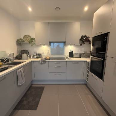 Modern kitchen with grey cabinets, built-in oven, sink with drying rack, countertop appliances, and plants on the shelves. The floor is tiled and lighting is recessed in the ceiling.