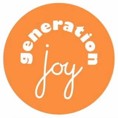 Orange circle with the word "generation" in white curved text above the word "joy" in larger script font.
