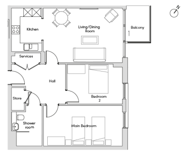 Black and white floor plan of an apartment with a kitchen, living/dining room, balcony, two bedrooms, a shower room, a store, and a services area.