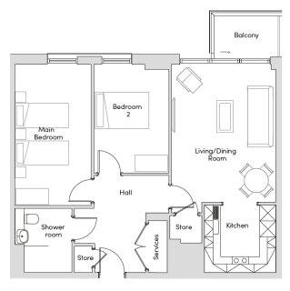 Black and white floor plan showing two bedrooms, a living/dining room, kitchen, shower room, two storage rooms, a hall, and a balcony.