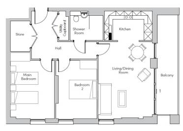 Floor plan illustrating two bedrooms, a living/dining area, kitchen, bathroom, utility cupboard, hall, store, and balcony.