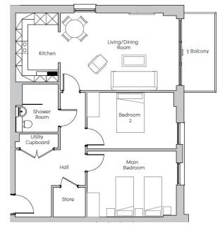 Floor plan of an apartment showing a kitchen, living/dining room, two bedrooms, a shower room, utility cupboard, hall, store, and one balcony.
