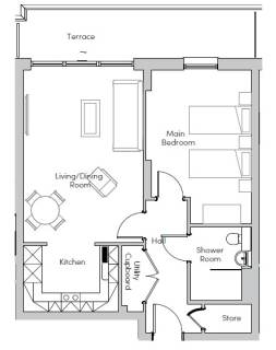 Floor plan showing a living/dining room, kitchen, main bedroom, shower room, utility cupboard, hall, store, and terrace.