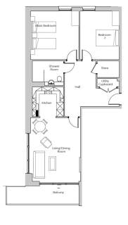 Floor plan of an apartment showing a main bedroom, second bedroom, living/dining room, kitchen, shower room, store, utility cupboard, hall, and balcony.