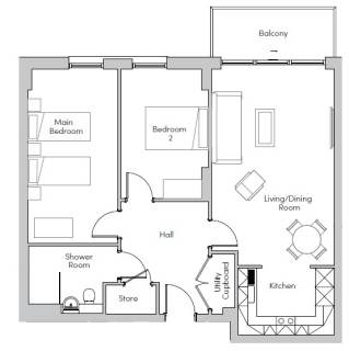 A floor plan showing two bedrooms, a hall, living/dining room, kitchen, shower room, utility cupboard, store, and balcony.