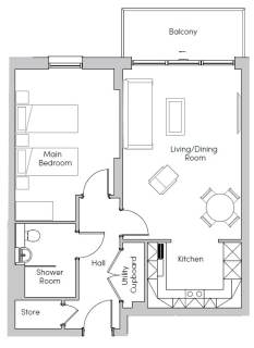Floor plan with a main bedroom, shower room, hall, utility cupboard, kitchen, living/dining room, and balcony.