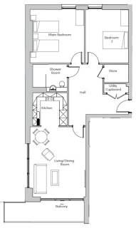 Floor plan of a two-bedroom apartment featuring a main bedroom, second bedroom, shower room, kitchen, living/dining room, hall, store, utility cupboard, and balcony.