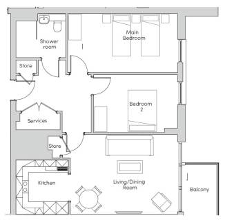 Floor plan showing a kitchen, living/dining room, two bedrooms, shower room, services area, and two storage spaces. Balcony adjacent to the living/dining room.