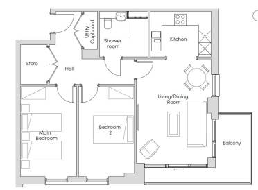 Black and white floor plan of a two-bedroom apartment featuring a kitchen, living/dining room, shower room, store, utility cupboard, and balcony.