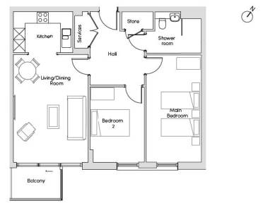 Black and white floor plan of an apartment with a kitchen, living/dining room, balcony, two bedrooms, a shower room, store, and hall.