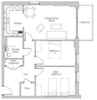 Floor plan showing a kitchen, living/dining room, balcony, two bedrooms, shower room, utility cupboard, hall, and store.