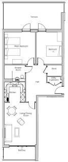Floor plan of a two-bedroom apartment showing a main bedroom, bedroom 2, shower room, kitchen, living/dining room, utility cupboard, store, hall, terrace, and balcony.
