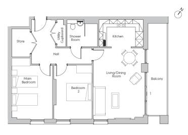 Floor plan of an apartment with two bedrooms, a living/dining room, kitchen, shower room, utility cupboard, hall, store room, and a balcony.