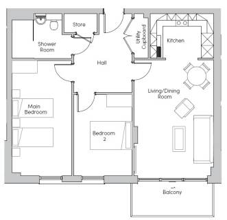 Black and white floor plan showing two bedrooms, a shower room, kitchen, living/dining room, utility cupboard, store, hall, and balcony.