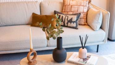 A beige sofa with decorative cushions, and a coffee table with a candle, plant in a black vase, and a reed diffuser atop two books.